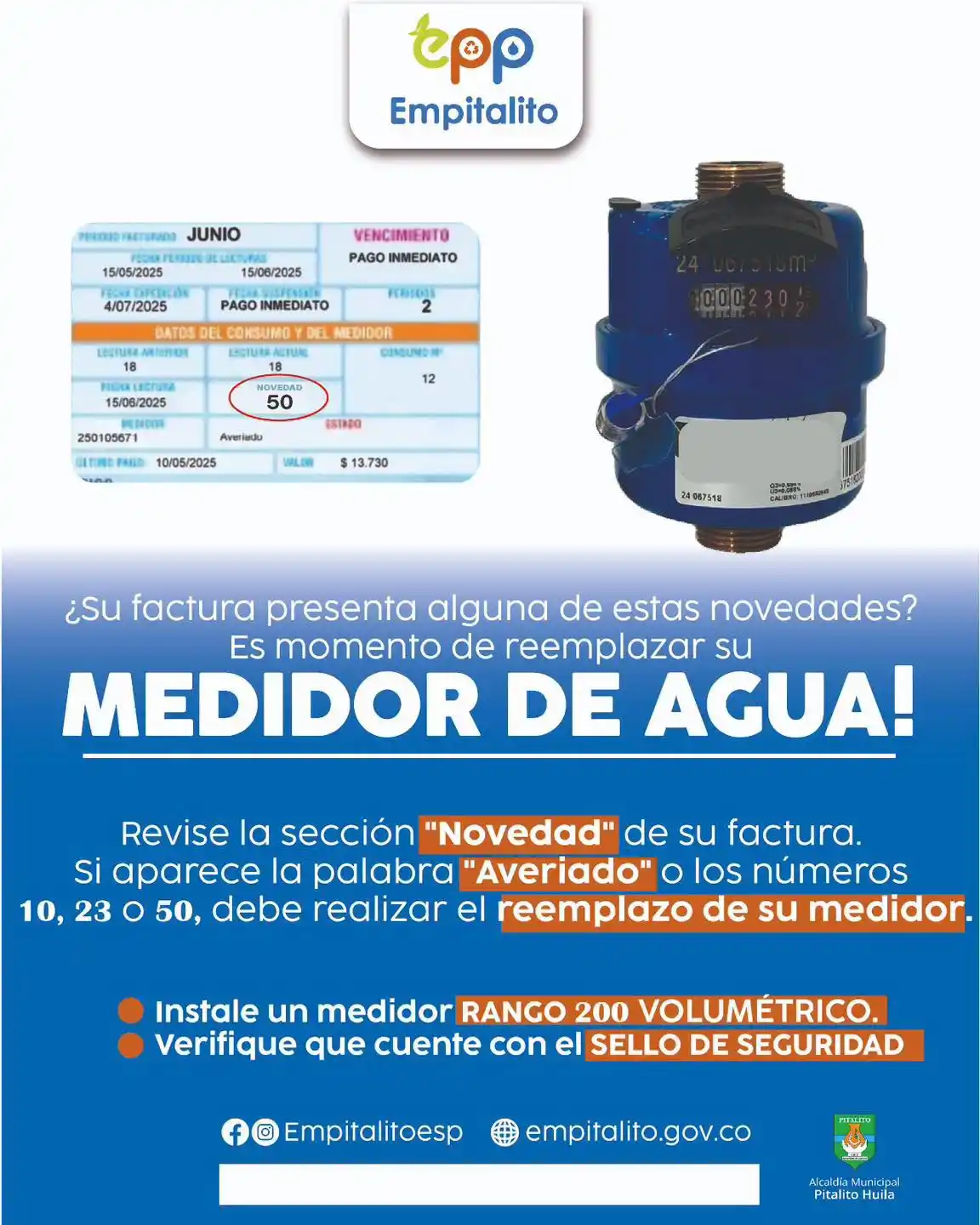 ¿Su factura presenta esta novedad Es momento de reemplazar su medidor de agua.