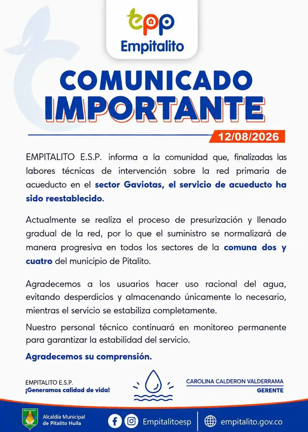 ¡El servicio de acueducto avanza hacia la normalidad!