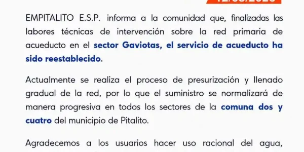 ¡El servicio de acueducto avanza hacia la normalidad!